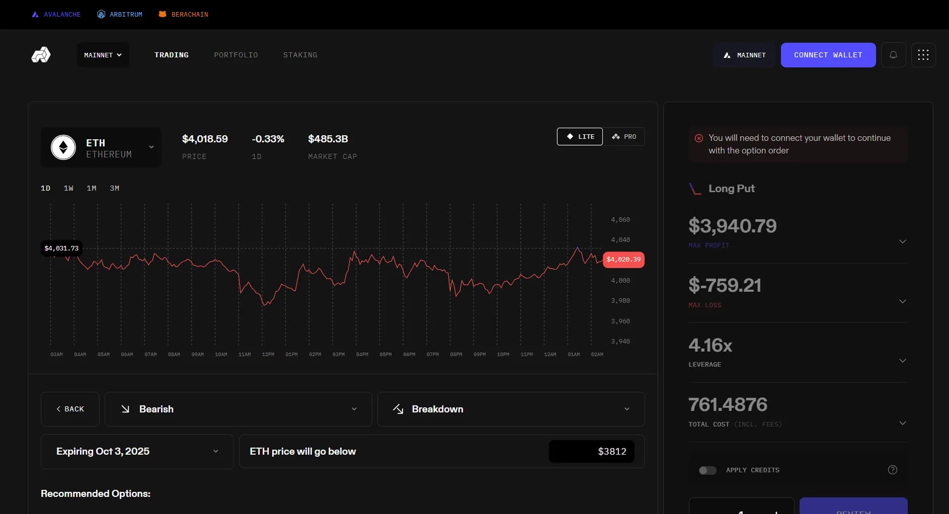 Arrow Markets trade builder showing a spread being configured before on-chain settlement