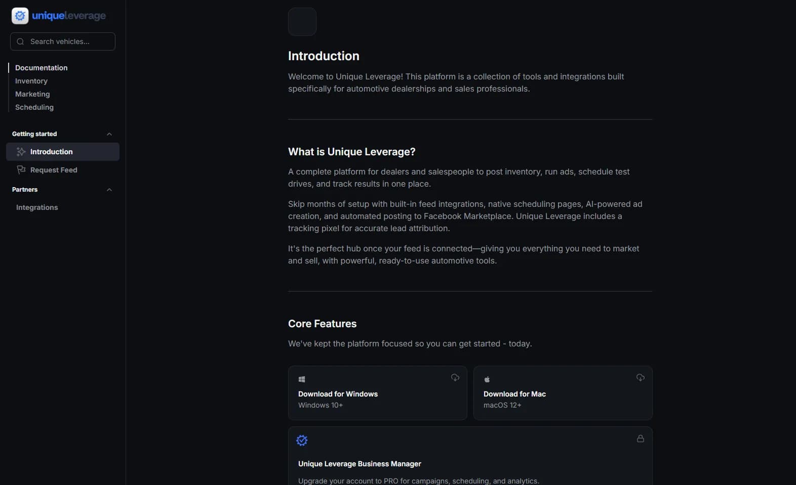 Unique Leverage platform documentation and Business Manager